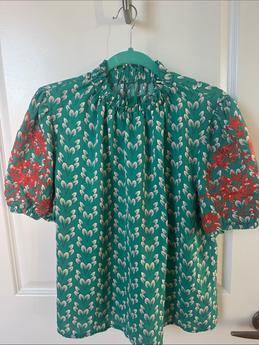 SHEIN Green Floral Print Blouse with Red Embroidery